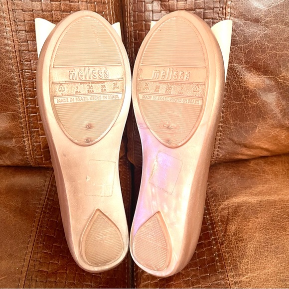 Metallic Blush Pink & Rose Gold Dusted Jelly Wedge Flats With Bow Design Detail - Picture 6 of 10